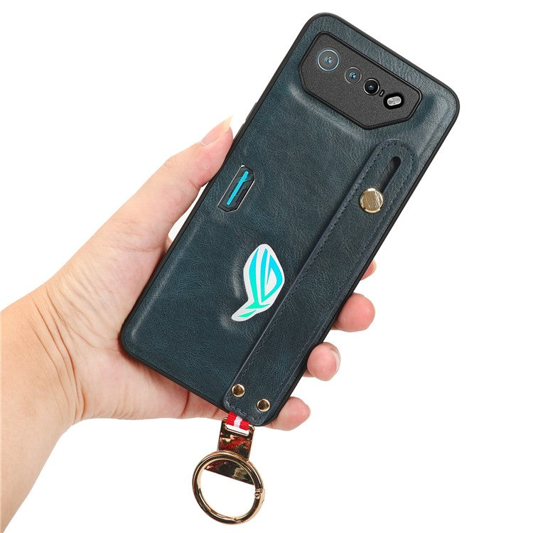 For Asus ROG Phone 7 5G Wristband Kickstand Phone Case PU Leather Coated PC+TPU Cover with Bottle Opener - Blue