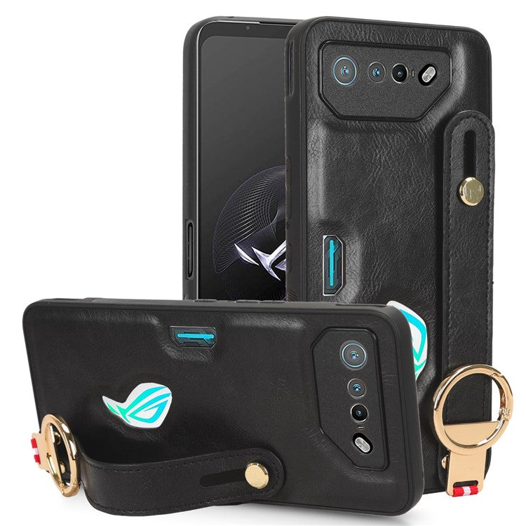 For Asus ROG Phone 7 5G Wristband Kickstand Phone Case PU Leather Coated PC+TPU Cover with Bottle Opener - Black
