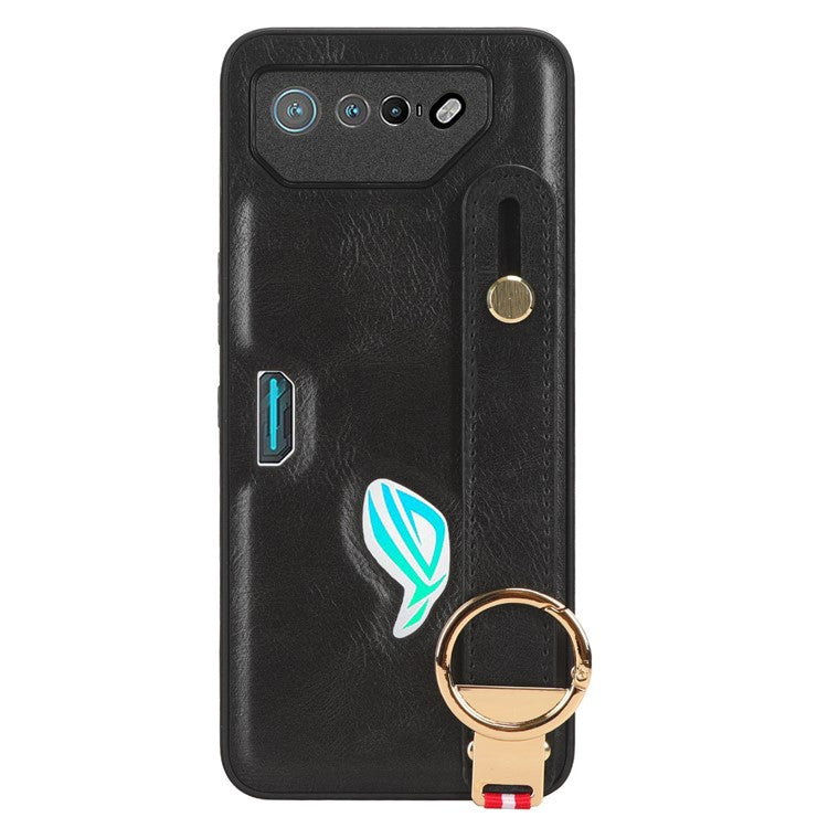 For Asus ROG Phone 7 5G Wristband Kickstand Phone Case PU Leather Coated PC+TPU Cover with Bottle Opener - Black