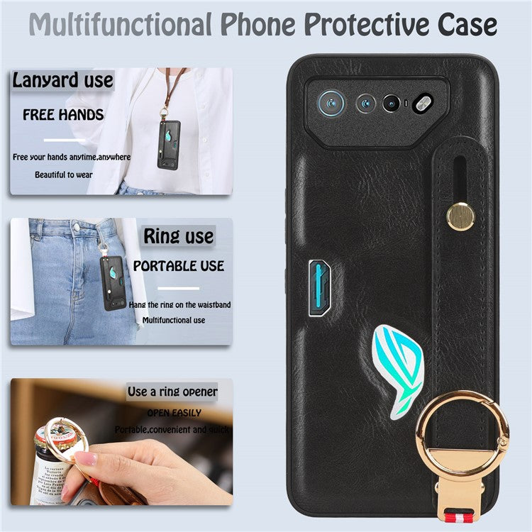 For Asus ROG Phone 7 5G Wristband Kickstand Phone Case PU Leather Coated PC+TPU Cover with Bottle Opener - Black