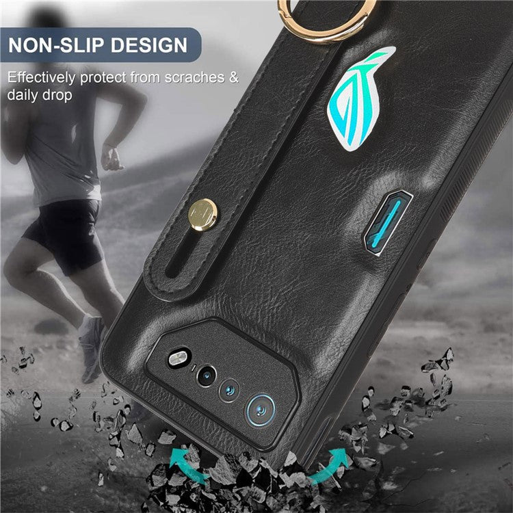 For Asus ROG Phone 7 5G Wristband Kickstand Phone Case PU Leather Coated PC+TPU Cover with Bottle Opener - Black