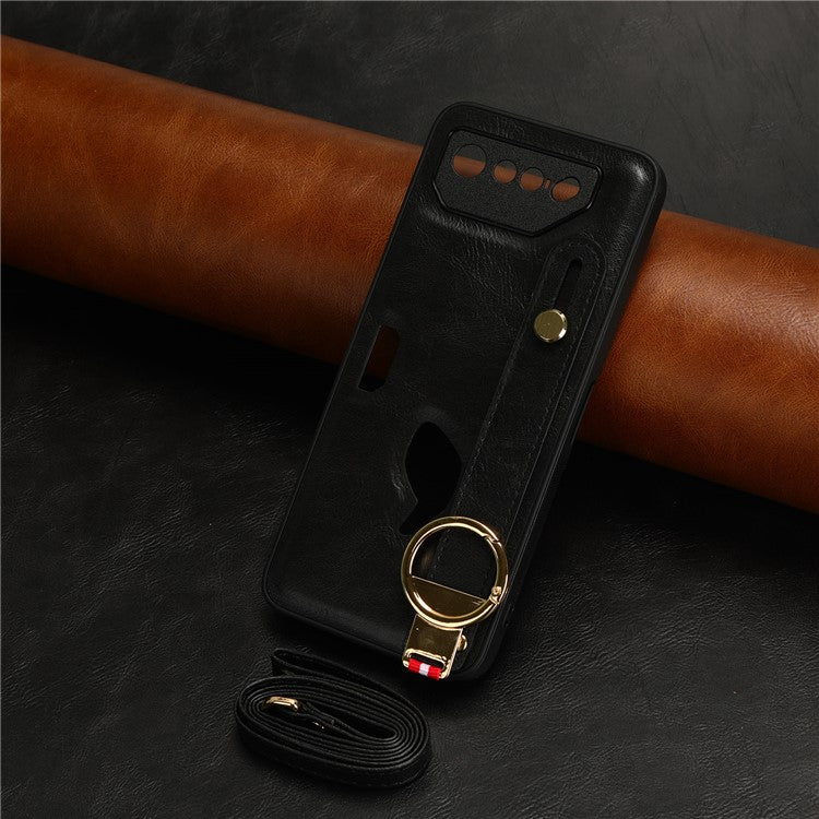 For Asus ROG Phone 7 5G Wristband Kickstand Phone Case PU Leather Coated PC+TPU Cover with Bottle Opener - Black