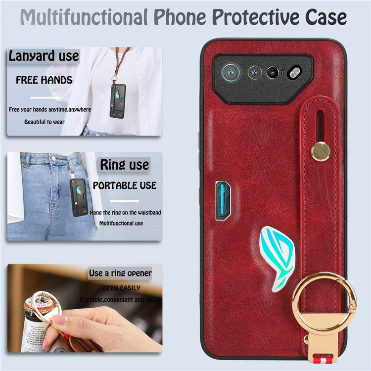 For Asus ROG Phone 7 5G Wristband Kickstand Phone Case PU Leather Coated PC+TPU Cover with Bottle Opener - Red