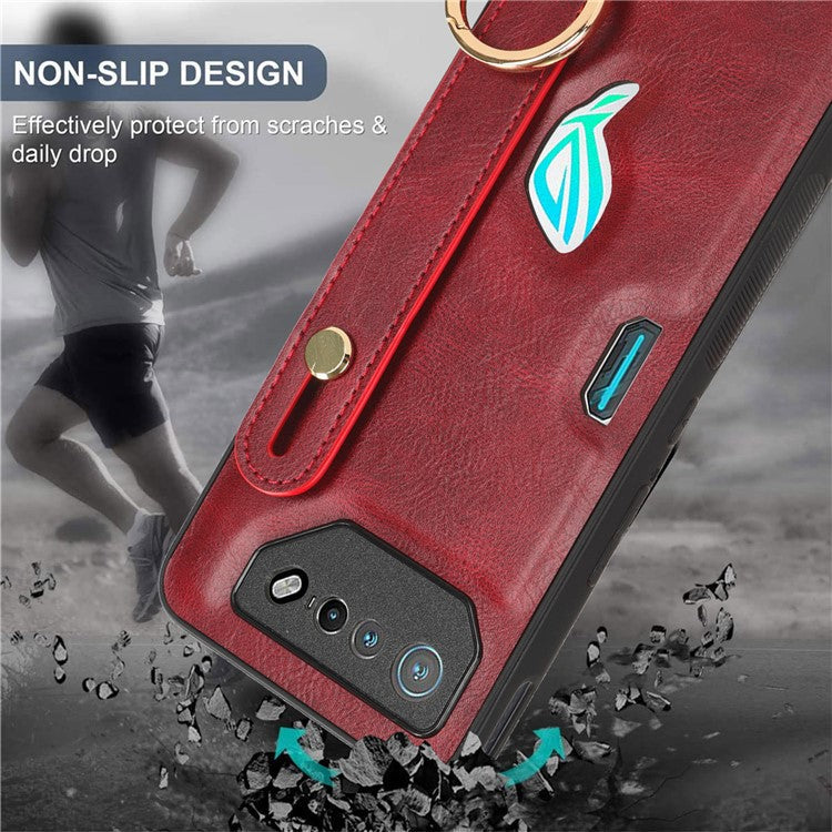 For Asus ROG Phone 7 5G Wristband Kickstand Phone Case PU Leather Coated PC+TPU Cover with Bottle Opener - Red