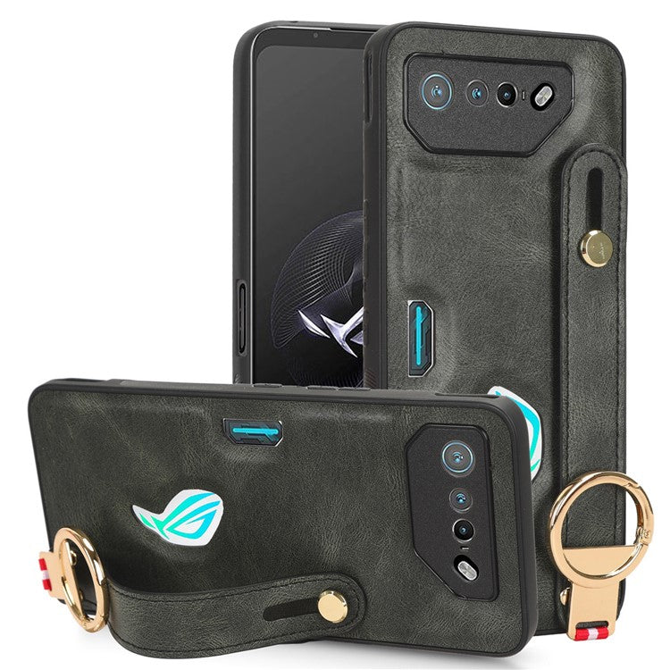 For Asus ROG Phone 7 5G Wristband Kickstand Phone Case PU Leather Coated PC+TPU Cover with Bottle Opener - Green