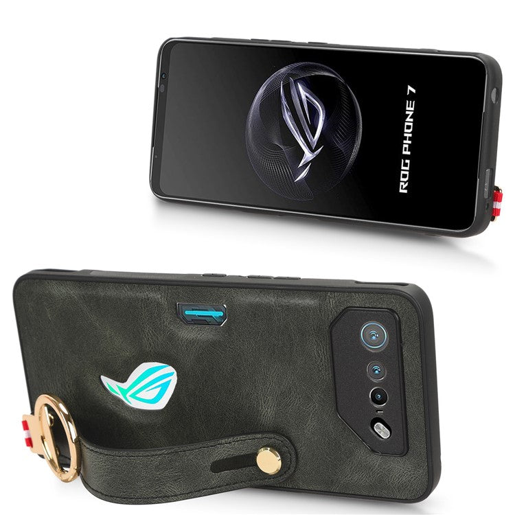 For Asus ROG Phone 7 5G Wristband Kickstand Phone Case PU Leather Coated PC+TPU Cover with Bottle Opener - Green
