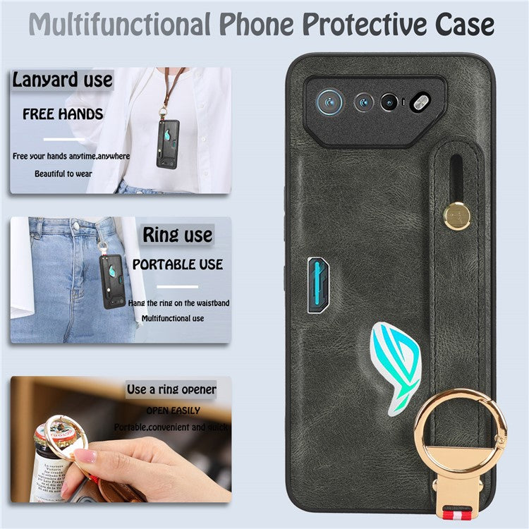 For Asus ROG Phone 7 5G Wristband Kickstand Phone Case PU Leather Coated PC+TPU Cover with Bottle Opener - Green