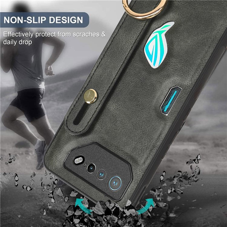 For Asus ROG Phone 7 5G Wristband Kickstand Phone Case PU Leather Coated PC+TPU Cover with Bottle Opener - Green