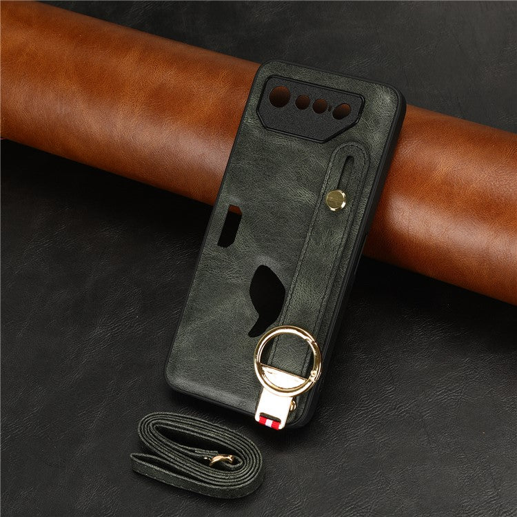For Asus ROG Phone 7 5G Wristband Kickstand Phone Case PU Leather Coated PC+TPU Cover with Bottle Opener - Green