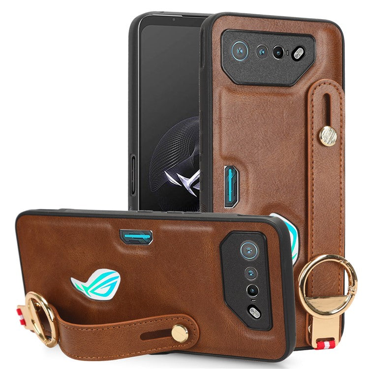 For Asus ROG Phone 7 5G Wristband Kickstand Phone Case PU Leather Coated PC+TPU Cover with Bottle Opener - Brown