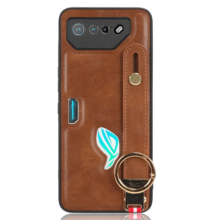 For Asus ROG Phone 7 5G Wristband Kickstand Phone Case PU Leather Coated PC+TPU Cover with Bottle Opener - Brown