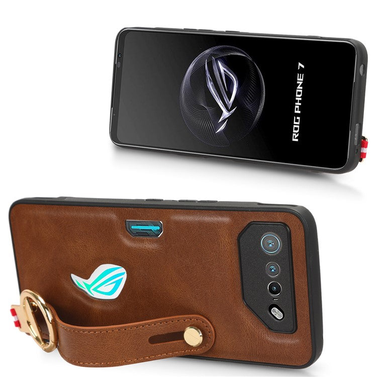 For Asus ROG Phone 7 5G Wristband Kickstand Phone Case PU Leather Coated PC+TPU Cover with Bottle Opener - Brown