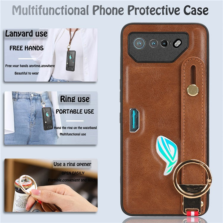 For Asus ROG Phone 7 5G Wristband Kickstand Phone Case PU Leather Coated PC+TPU Cover with Bottle Opener - Brown