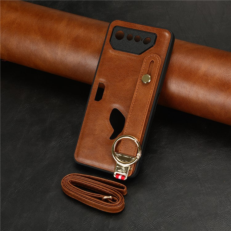For Asus ROG Phone 7 5G Wristband Kickstand Phone Case PU Leather Coated PC+TPU Cover with Bottle Opener - Brown