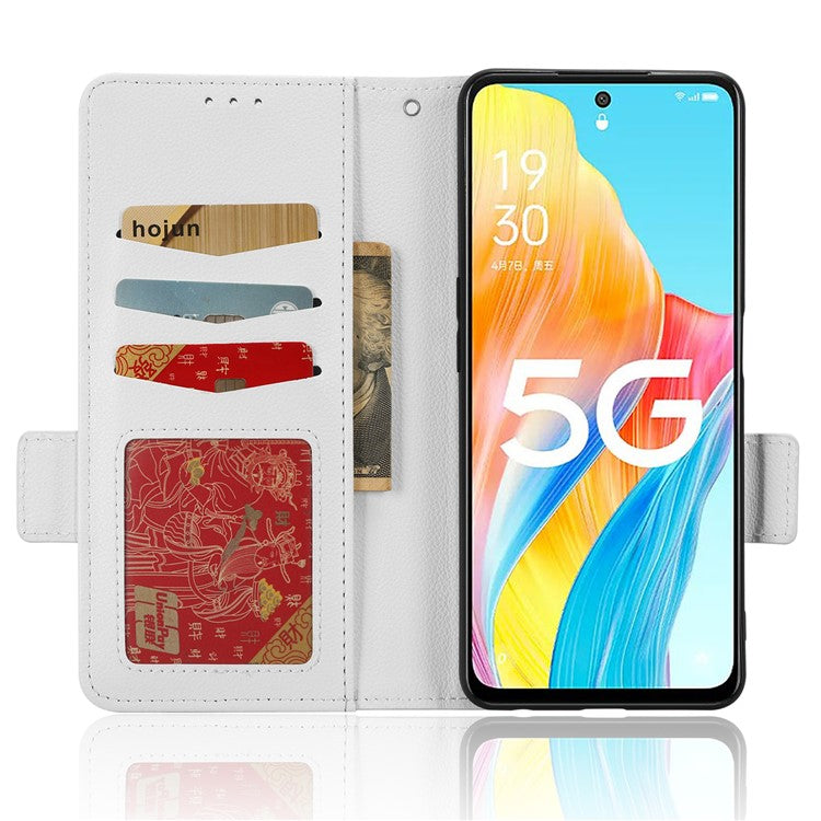 Phone Leather Case for Oppo A98 5G / F23 5G / A1 5G , Litchi Texture Wallet Stand Cell Phone Cover - White