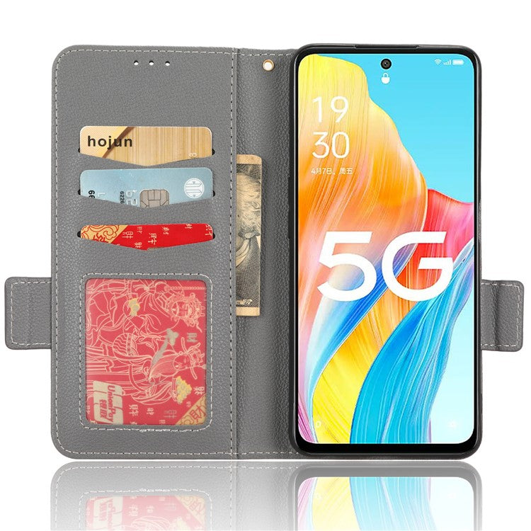 Phone Leather Case for Oppo A98 5G / F23 5G / A1 5G , Litchi Texture Wallet Stand Cell Phone Cover - Grey
