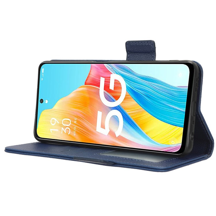 Phone Leather Case for Oppo A98 5G / F23 5G / A1 5G , Litchi Texture Wallet Stand Cell Phone Cover - Dark Blue