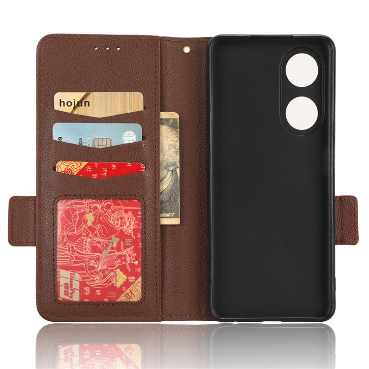 Phone Leather Case for Oppo A98 5G / F23 5G / A1 5G , Litchi Texture Wallet Stand Cell Phone Cover - Brown