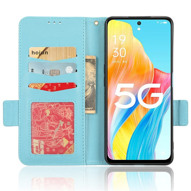 Phone Leather Case for Oppo A98 5G / F23 5G / A1 5G , Litchi Texture Wallet Stand Cell Phone Cover - Baby Blue