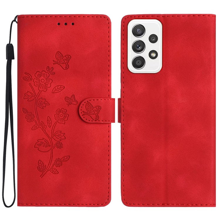 For Samsung Galaxy A32 4G (EU Version) Leather Phone Cover Flower Imprint Stand Case with Wallet - Red