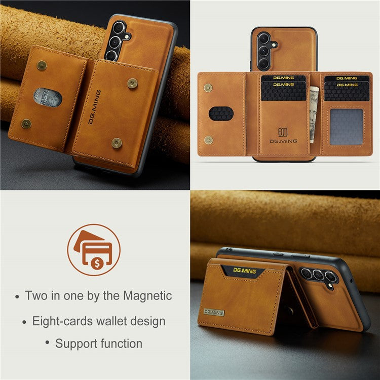 DG.MING M2 Series Detachable Wallet Cover for Samsung Galaxy A14 4G / 5G , PU Leather Coated PC+TPU Kickstand Phone Case - Brown