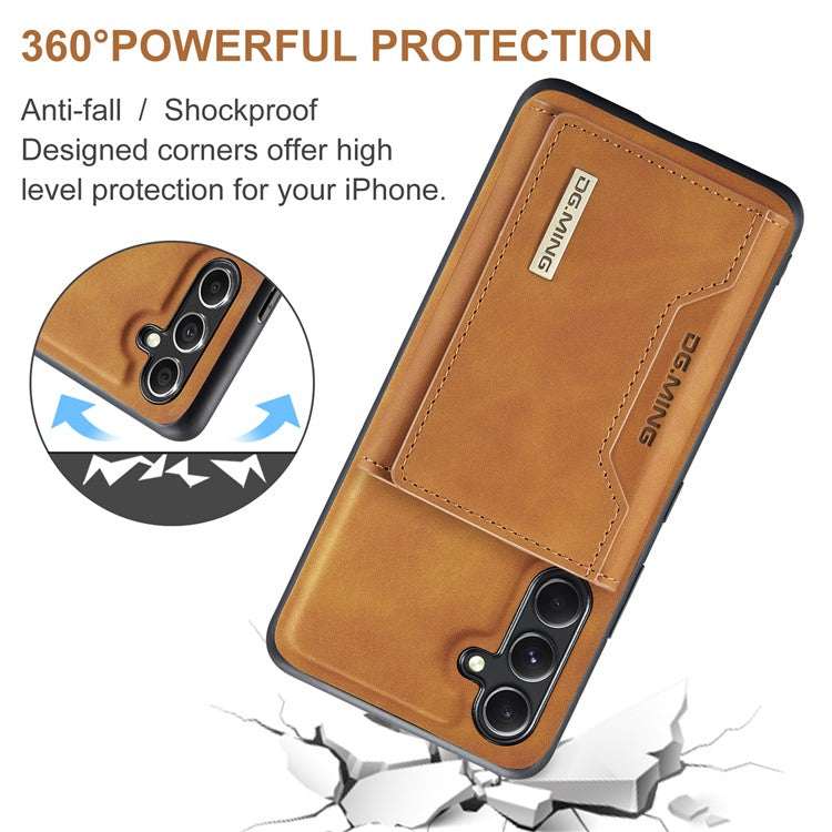DG.MING M2 Series Detachable Wallet Cover for Samsung Galaxy A14 4G / 5G , PU Leather Coated PC+TPU Kickstand Phone Case - Brown