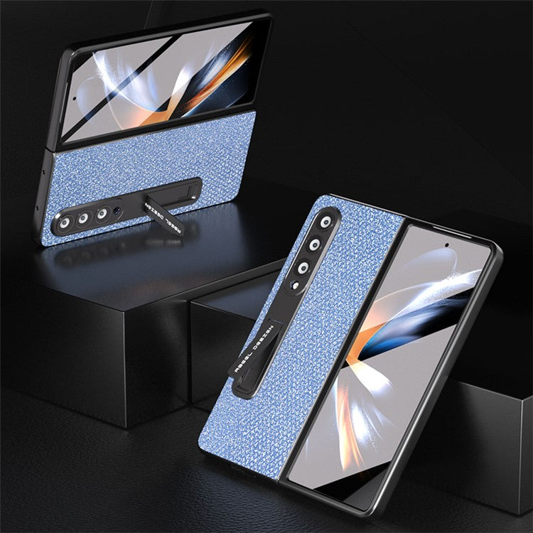 ABEEL For Samsung Galaxy Z Fold4 5G Kickstand Phone Case Rhinestone Texture PU Leather PC Cover with Tempered Glass Film - Blue