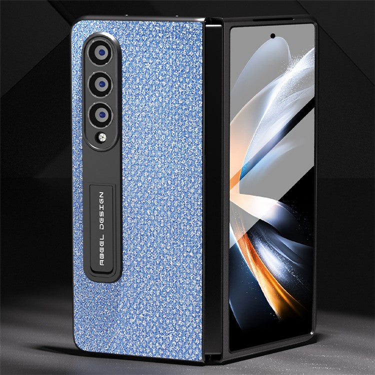 ABEEL For Samsung Galaxy Z Fold4 5G Kickstand Phone Case Rhinestone Texture PU Leather PC Cover with Tempered Glass Film - Blue