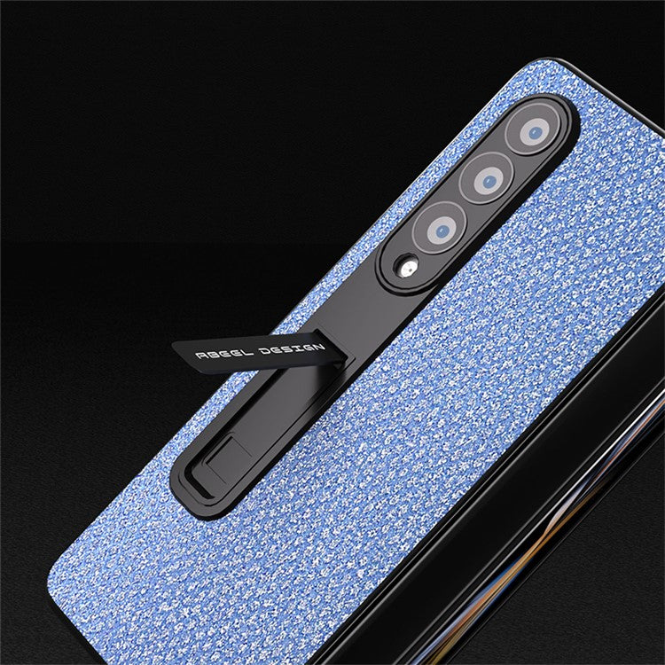 ABEEL For Samsung Galaxy Z Fold4 5G Kickstand Phone Case Rhinestone Texture PU Leather PC Cover with Tempered Glass Film - Blue