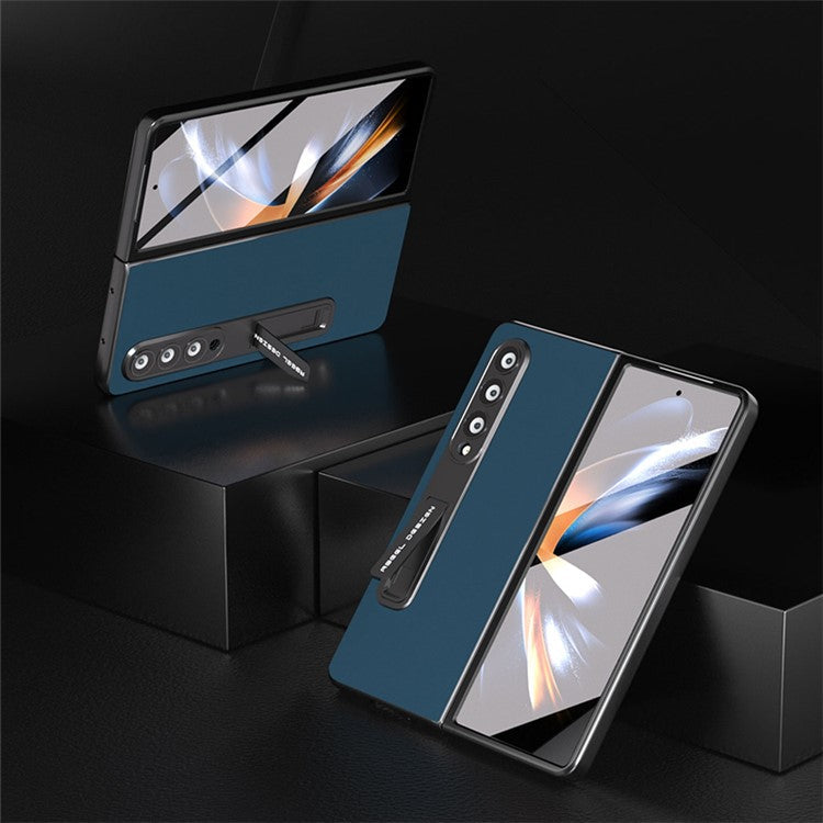 ABEEL For Samsung Galaxy Z Fold4 5G Kickstand Shockproof Cover Cowhide Leather + Hard PC Phone Case with Tempered Glass Film - Blue