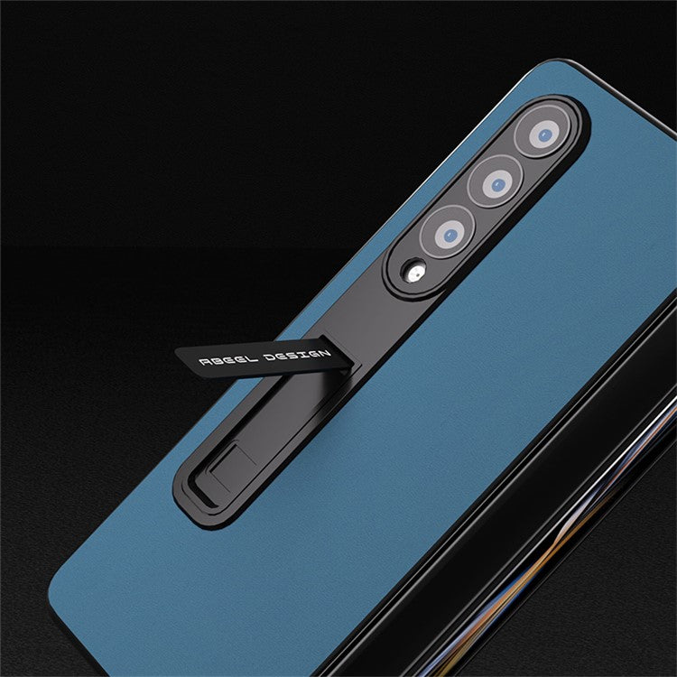 ABEEL For Samsung Galaxy Z Fold4 5G Kickstand Shockproof Cover Cowhide Leather + Hard PC Phone Case with Tempered Glass Film - Blue