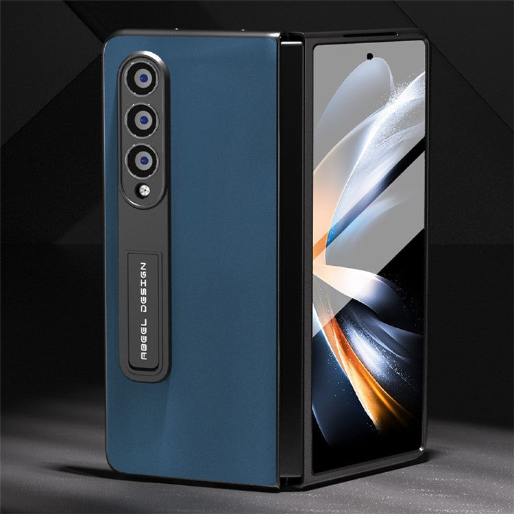 ABEEL For Samsung Galaxy Z Fold4 5G Kickstand Shockproof Cover Cowhide Leather + Hard PC Phone Case with Tempered Glass Film - Blue