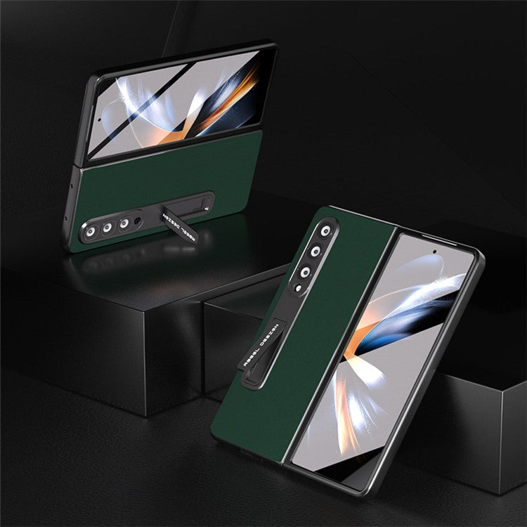 ABEEL For Samsung Galaxy Z Fold4 5G Kickstand Shockproof Cover Cowhide Leather + Hard PC Phone Case with Tempered Glass Film - Green