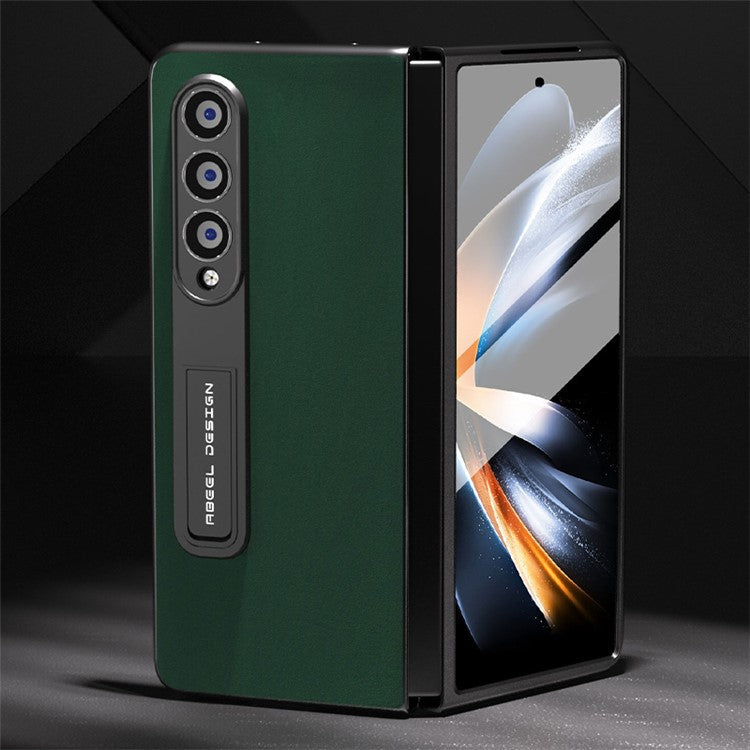ABEEL For Samsung Galaxy Z Fold4 5G Kickstand Shockproof Cover Cowhide Leather + Hard PC Phone Case with Tempered Glass Film - Green