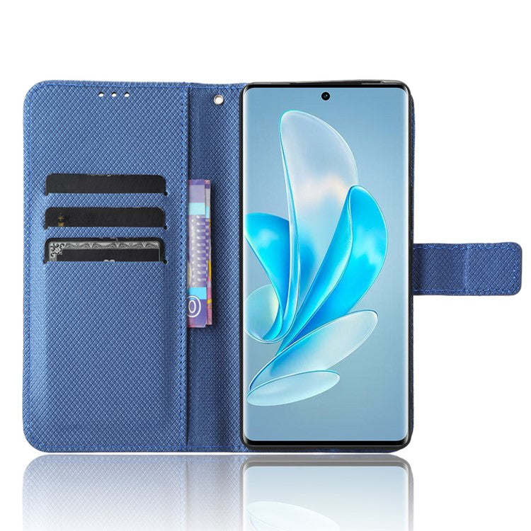 Shockproof PU Leather Phone Case for vivo S17e 5G , Stand Wallet Diamond Texture Phone Cover - Blue