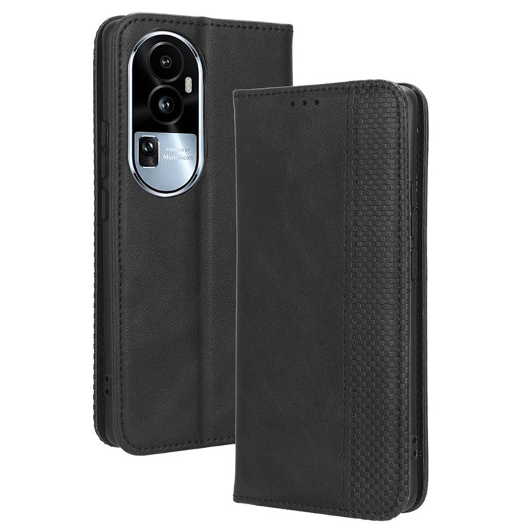 Stand Wallet for Oppo Reno10 Pro+ 5G Anti-fall Retro Mobile Phone Cover PU Leather Magnetic Case - Black