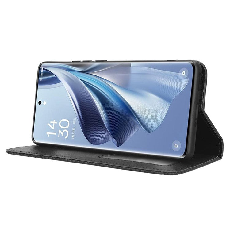 Stand Wallet for Oppo Reno10 Pro+ 5G Anti-fall Retro Mobile Phone Cover PU Leather Magnetic Case - Black