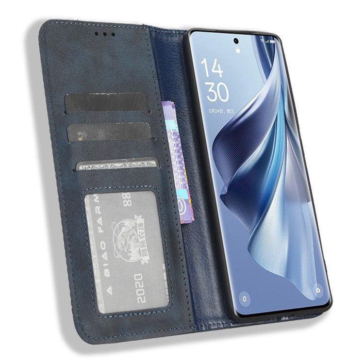 Stand Wallet for Oppo Reno10 Pro+ 5G Anti-fall Retro Mobile Phone Cover PU Leather Magnetic Case - Blue