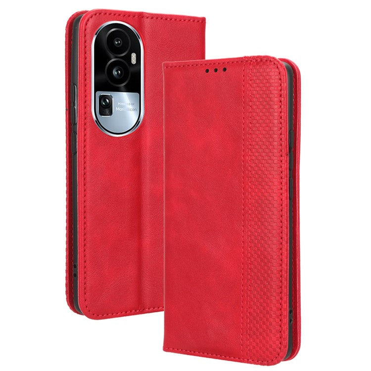 Stand Wallet for Oppo Reno10 Pro+ 5G Anti-fall Retro Mobile Phone Cover PU Leather Magnetic Case - Red