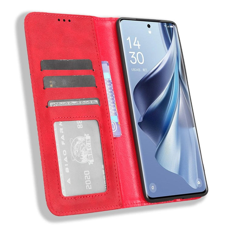 Stand Wallet for Oppo Reno10 Pro+ 5G Anti-fall Retro Mobile Phone Cover PU Leather Magnetic Case - Red