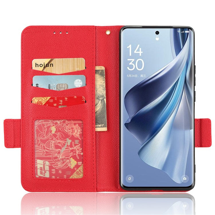 Leather Case for Oppo Reno10 Pro+ 5G , Wallet Stand Anti-fall Litchi Texture Cell Phone Cover - Red