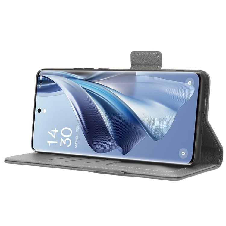 Leather Case for Oppo Reno10 Pro+ 5G , Wallet Stand Anti-fall Litchi Texture Cell Phone Cover - Grey