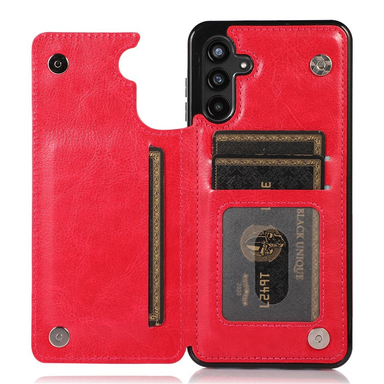 For Samsung Galaxy A13 5G Dual Magnetic Buttons Card Slots Kickstand Cover Leather Coated TPU Phone Case - Rose
