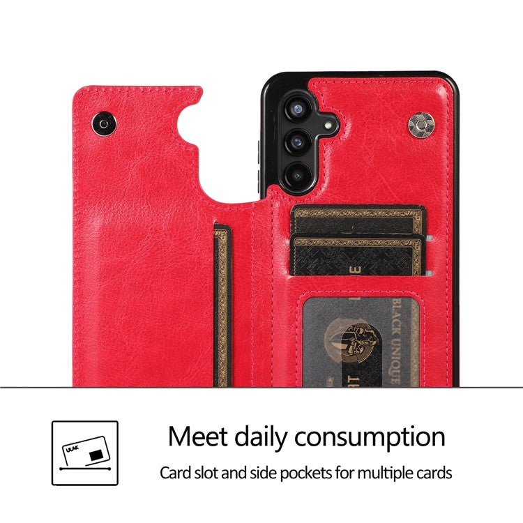 For Samsung Galaxy A13 5G Dual Magnetic Buttons Card Slots Kickstand Cover Leather Coated TPU Phone Case - Rose