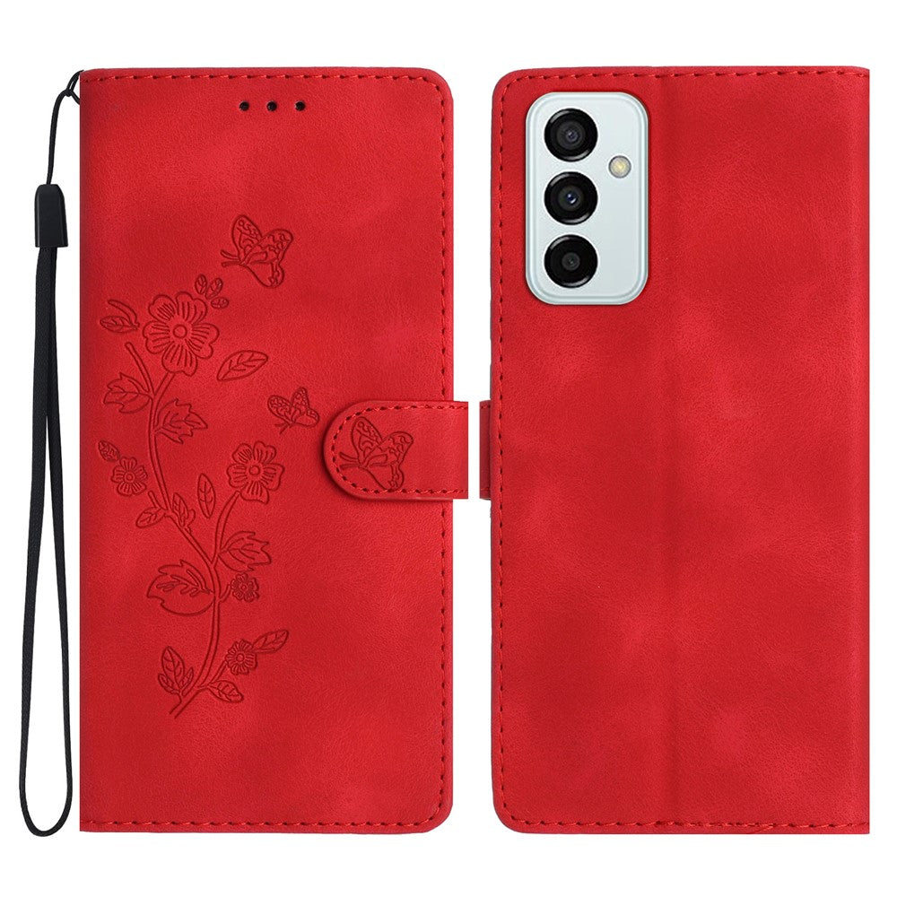 For Samsung Galaxy M52 5G Anti-drop Imprinted Flower Phone Case Wallet Stand Leather Cover - Red
