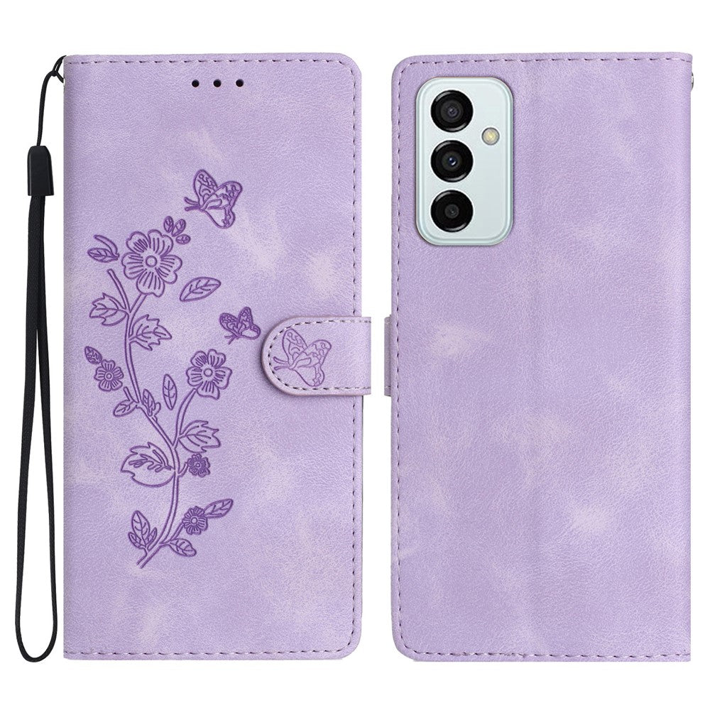 For Samsung Galaxy M52 5G Anti-drop Imprinted Flower Phone Case Wallet Stand Leather Cover - Purple