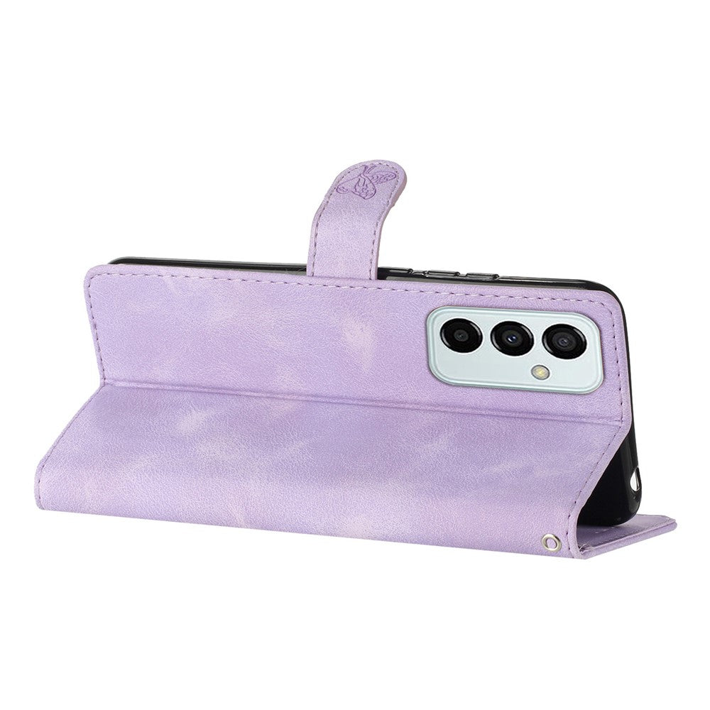 For Samsung Galaxy M52 5G Anti-drop Imprinted Flower Phone Case Wallet Stand Leather Cover - Purple