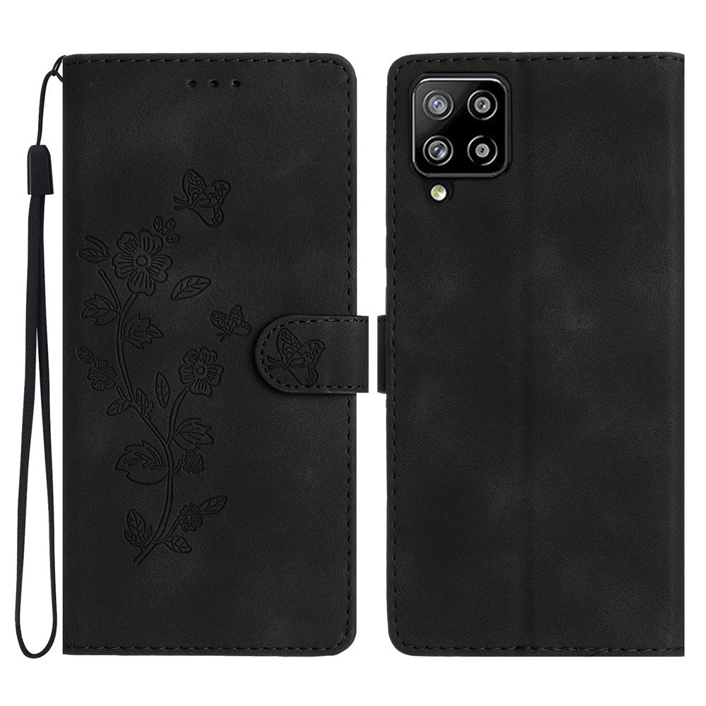 Leather Cellphone Cover for Samsung Galaxy M32 (Global Version) 4G Imprinted Flower Wallet Stand Phone Case - Black