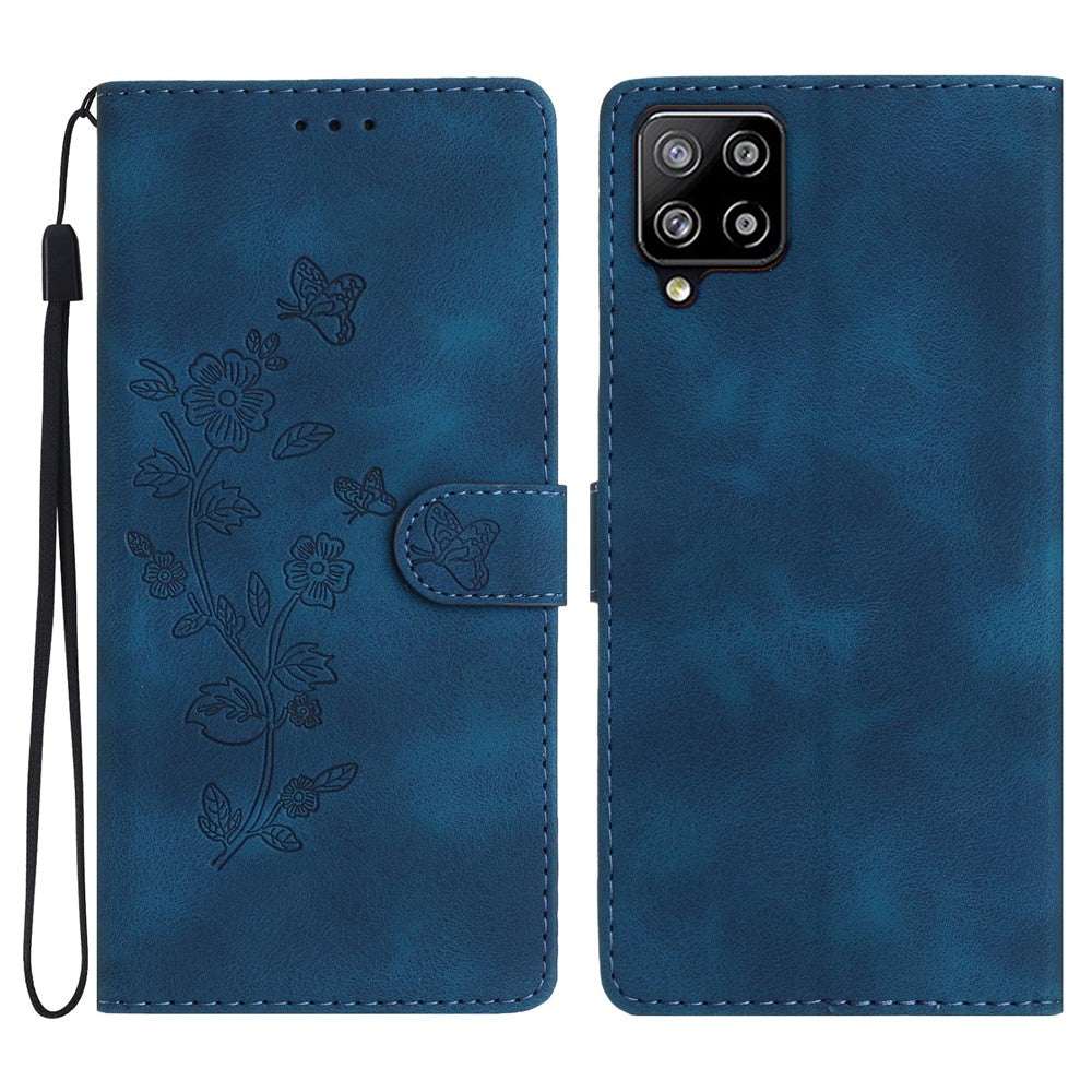 Leather Cellphone Cover for Samsung Galaxy M32 (Global Version) 4G Imprinted Flower Wallet Stand Phone Case - Blue