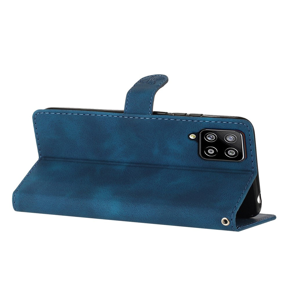 Leather Cellphone Cover for Samsung Galaxy M32 (Global Version) 4G Imprinted Flower Wallet Stand Phone Case - Blue